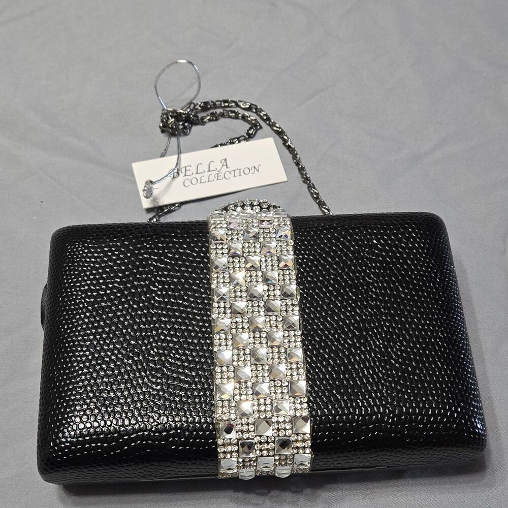 Bella Collection Black Textured Box Clutch with Crystal Trim
